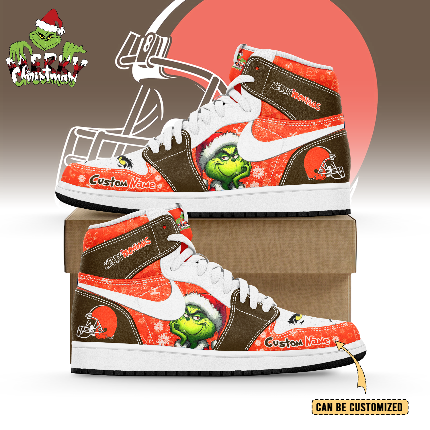 JWFancy Cleveland Browns x The Grinch x Christmas AJ1 High Sneakers Shoes For Men And Women