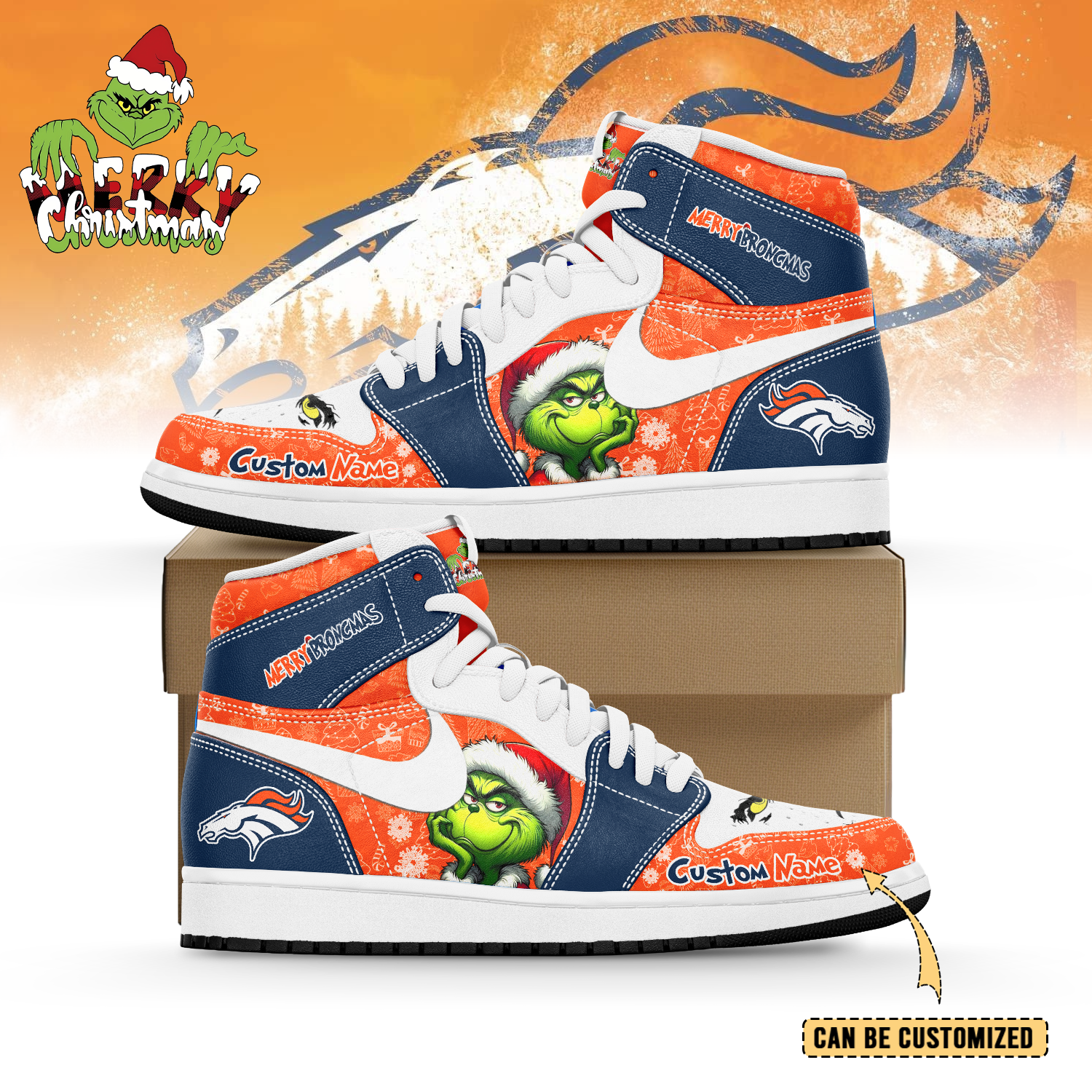 JWFancy Denver Broncos x The Grinch x Christmas AJ1 High Sneakers Shoes For Men And Women