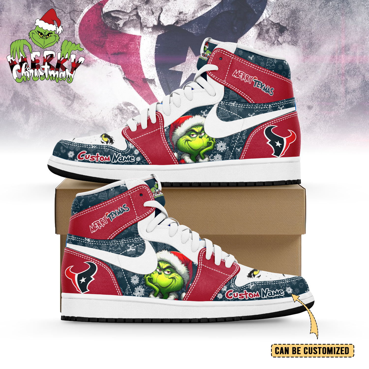 JWFancy Houston Texans x The Grinch x Christmas AJ1 High Sneakers Shoes For Men And Women