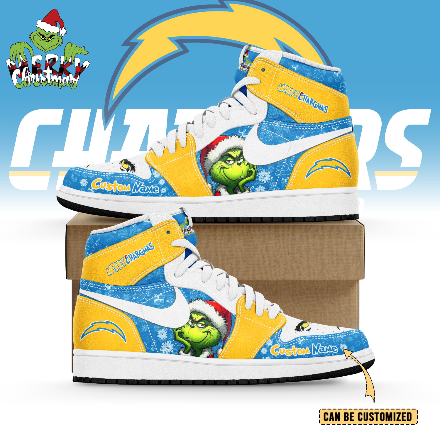 JWFancy Los Angeles Chargers x The Grinch x Christmas AJ1 High Sneakers Shoes For Men And Women