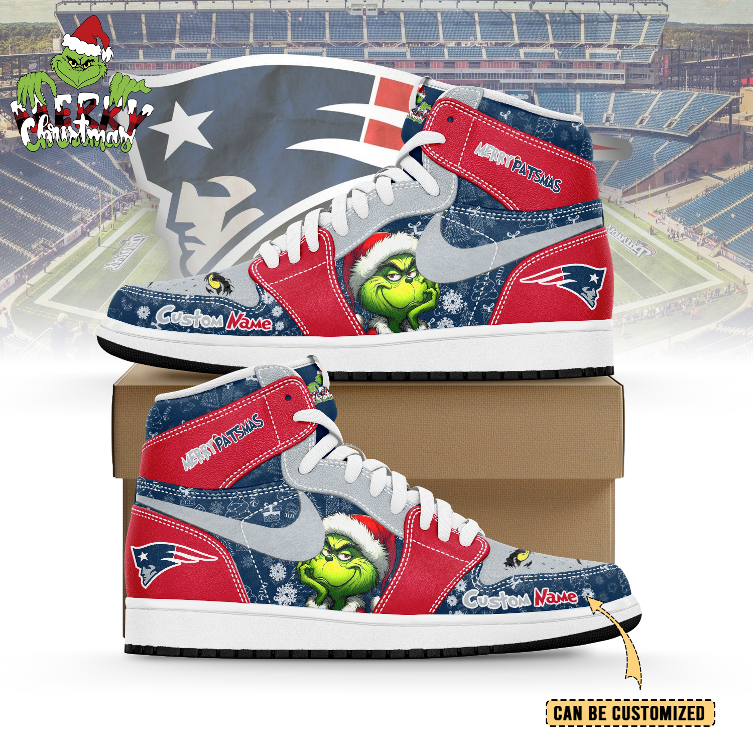 JWFancy New England Patriots x The Grinch x Christmas AJ1 High Sneakers Shoes For Men And Women
