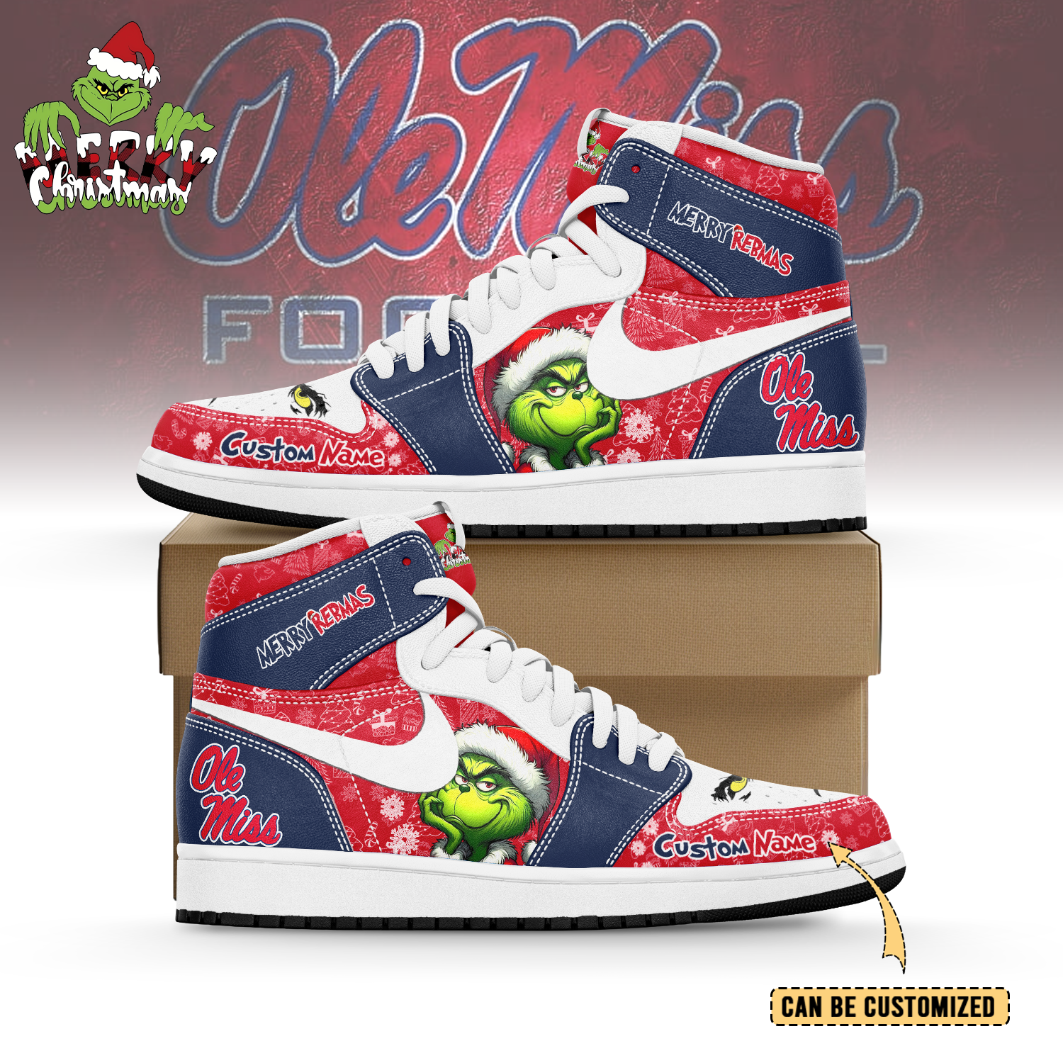 JWFancy Ole Miss Rebels x The Grinch x Christmas AJ1 High Sneakers Shoes For Men And Women