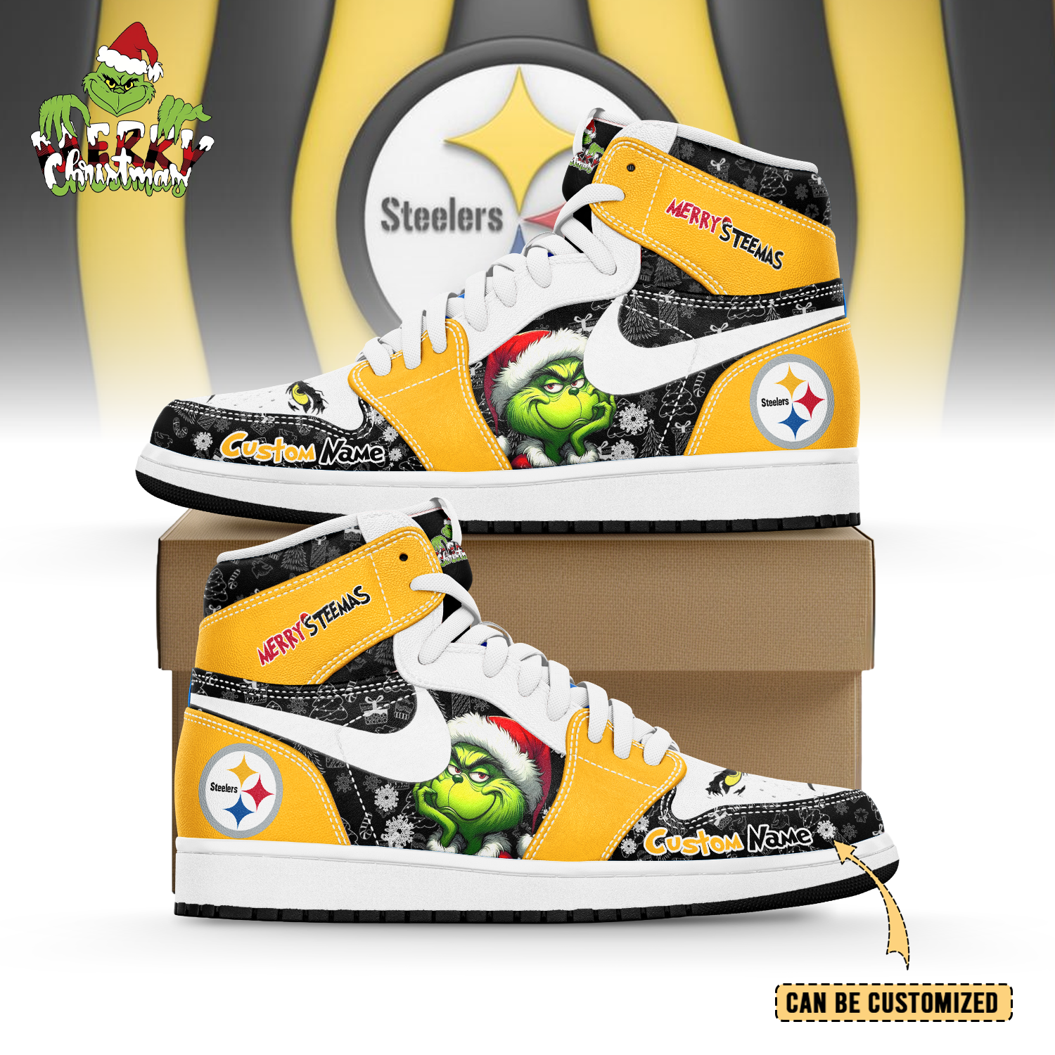 JWFancy Pittsburgh Steelers x The Grinch x Christmas AJ1 High Sneakers Shoes For Men And Women