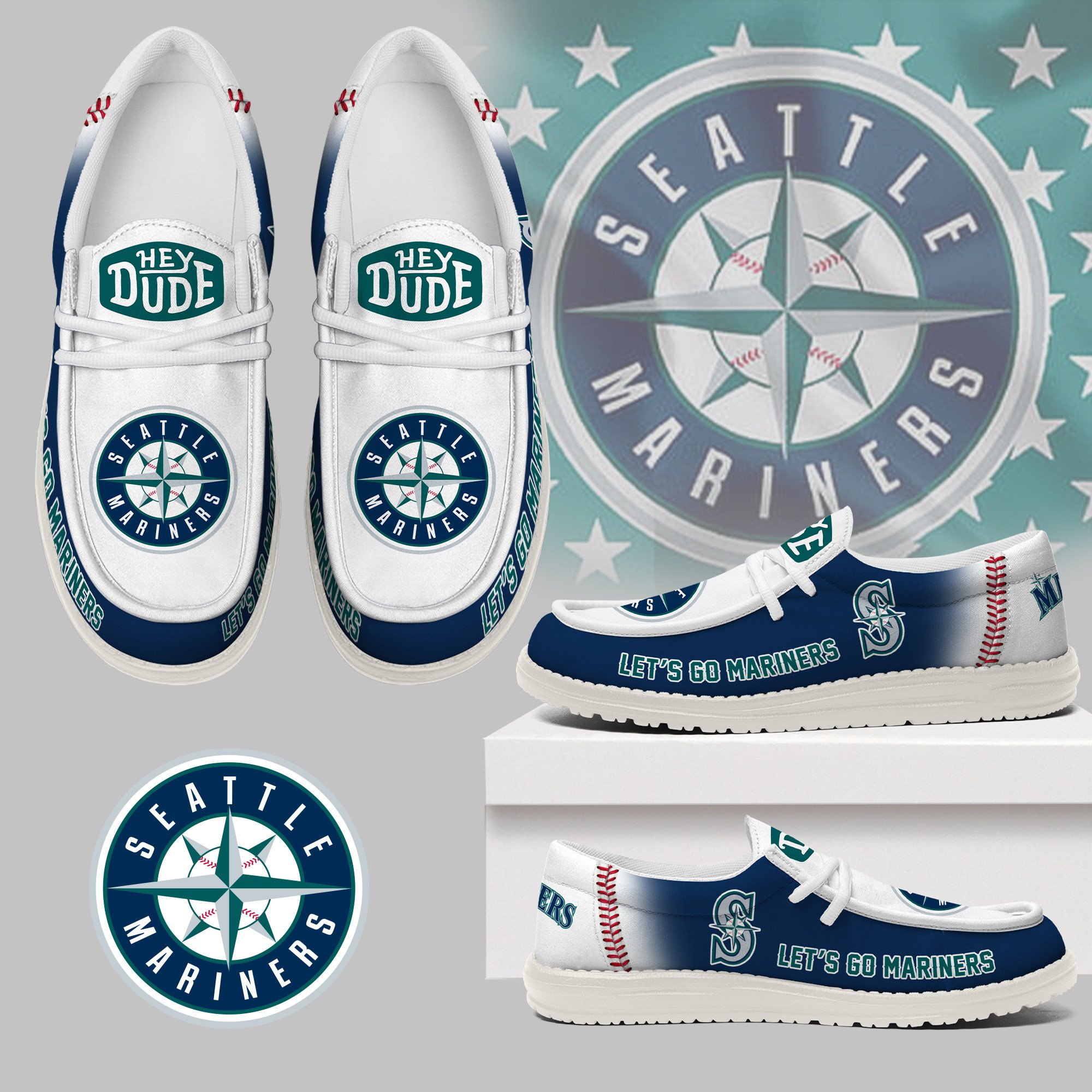 JWFancy Seattle Mariners Hey Dude Shoes Wally Men's Lace Up Loafers Comfortable For Men And Women