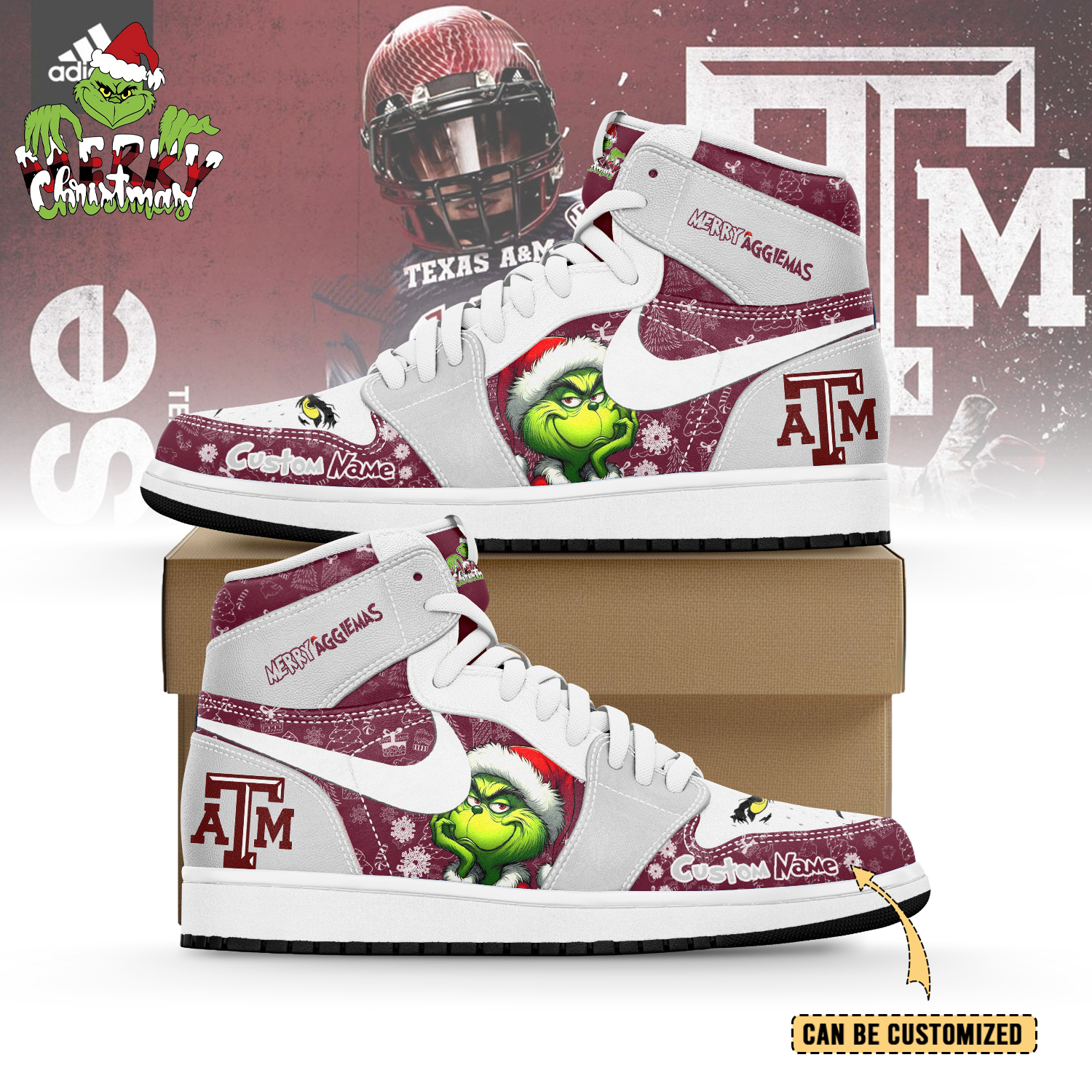 JWFancy Texas A&M Aggies x The Grinch x Christmas AJ1 High Sneakers Shoes For Men And Women