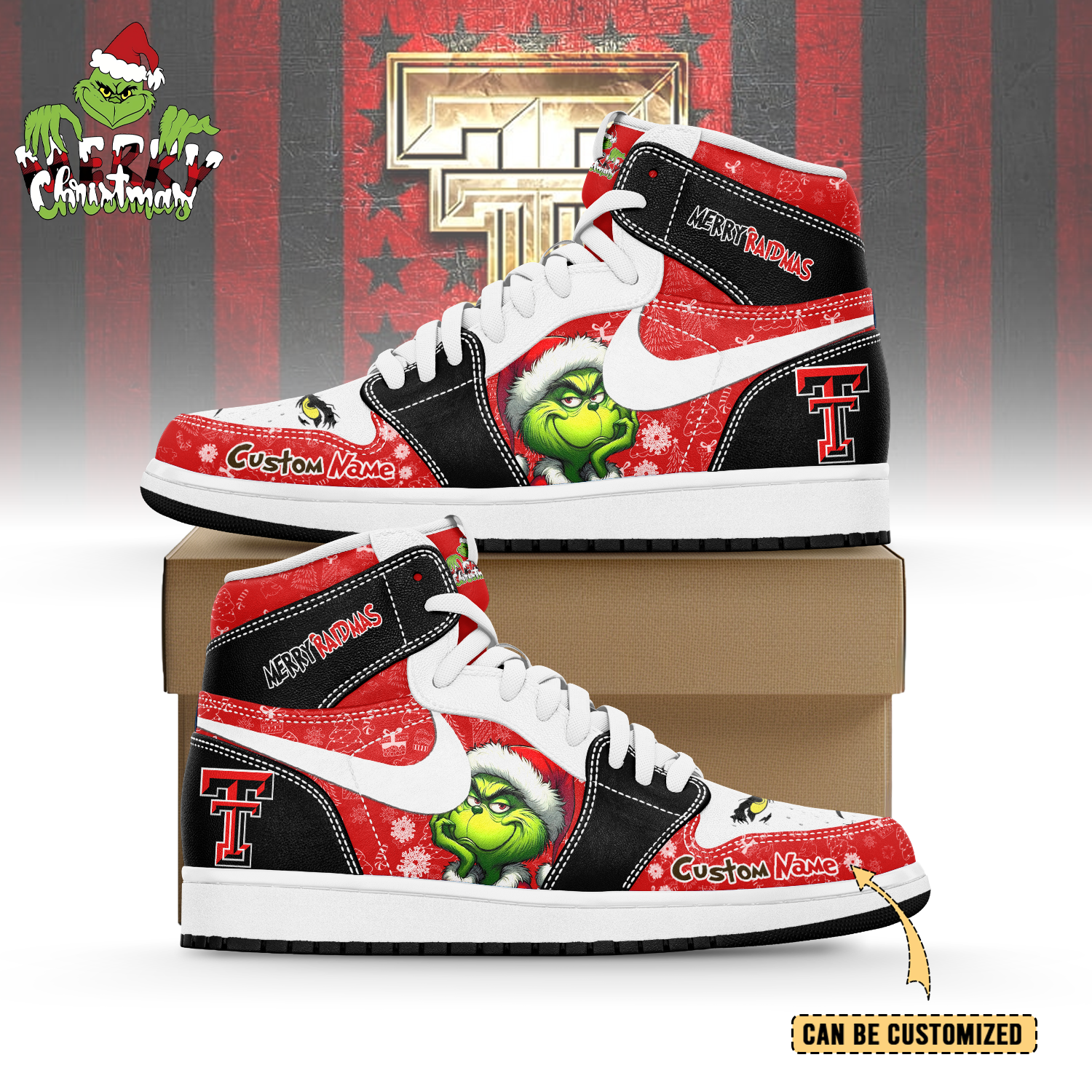 JWFancy Texas Tech Red Raiders x The Grinch x Christmas AJ1 High Sneakers Shoes For Men And Women
