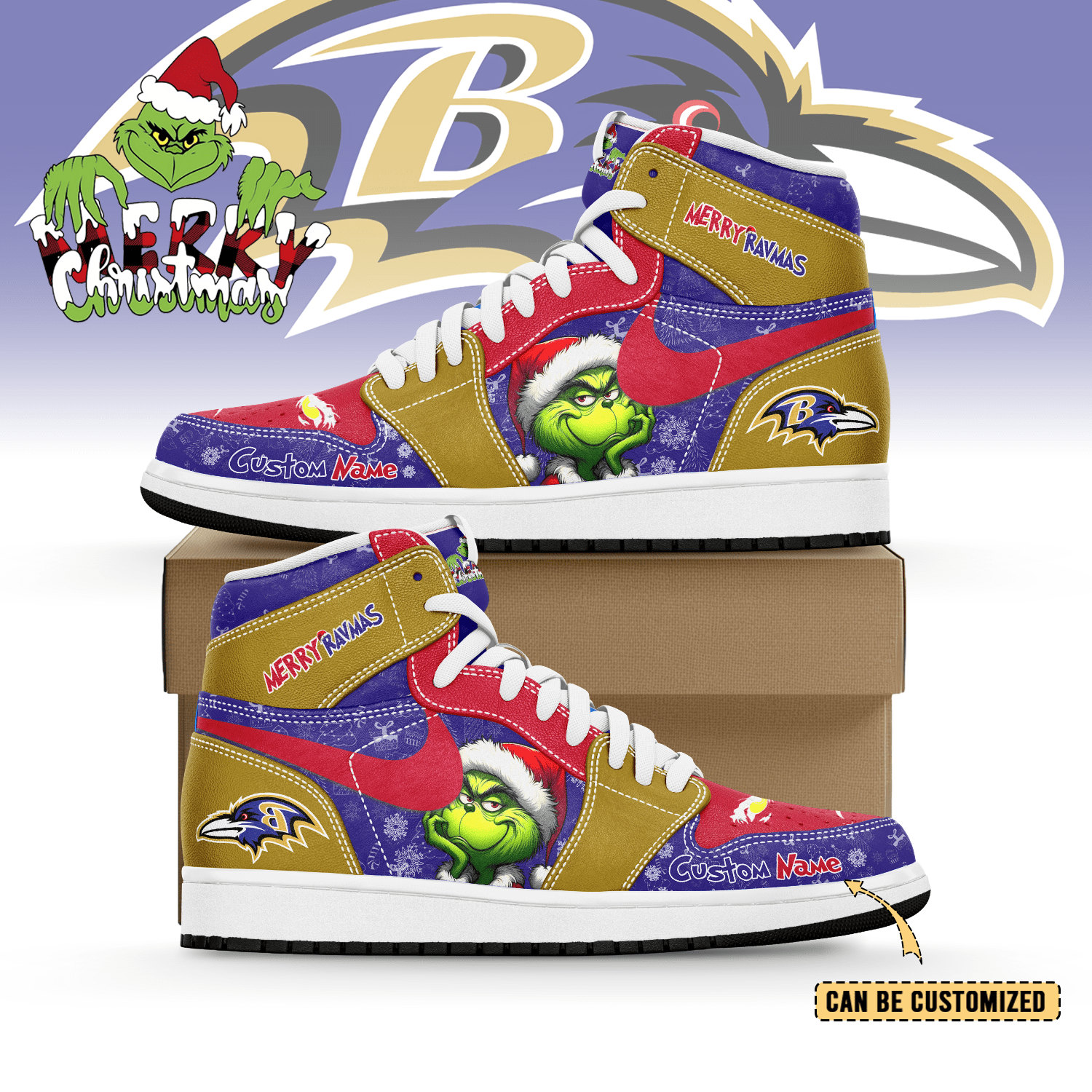 JWFany Baltimore Ravens x The Grinch x Christmas AJ1 High Sneakers Shoes For Men And Women