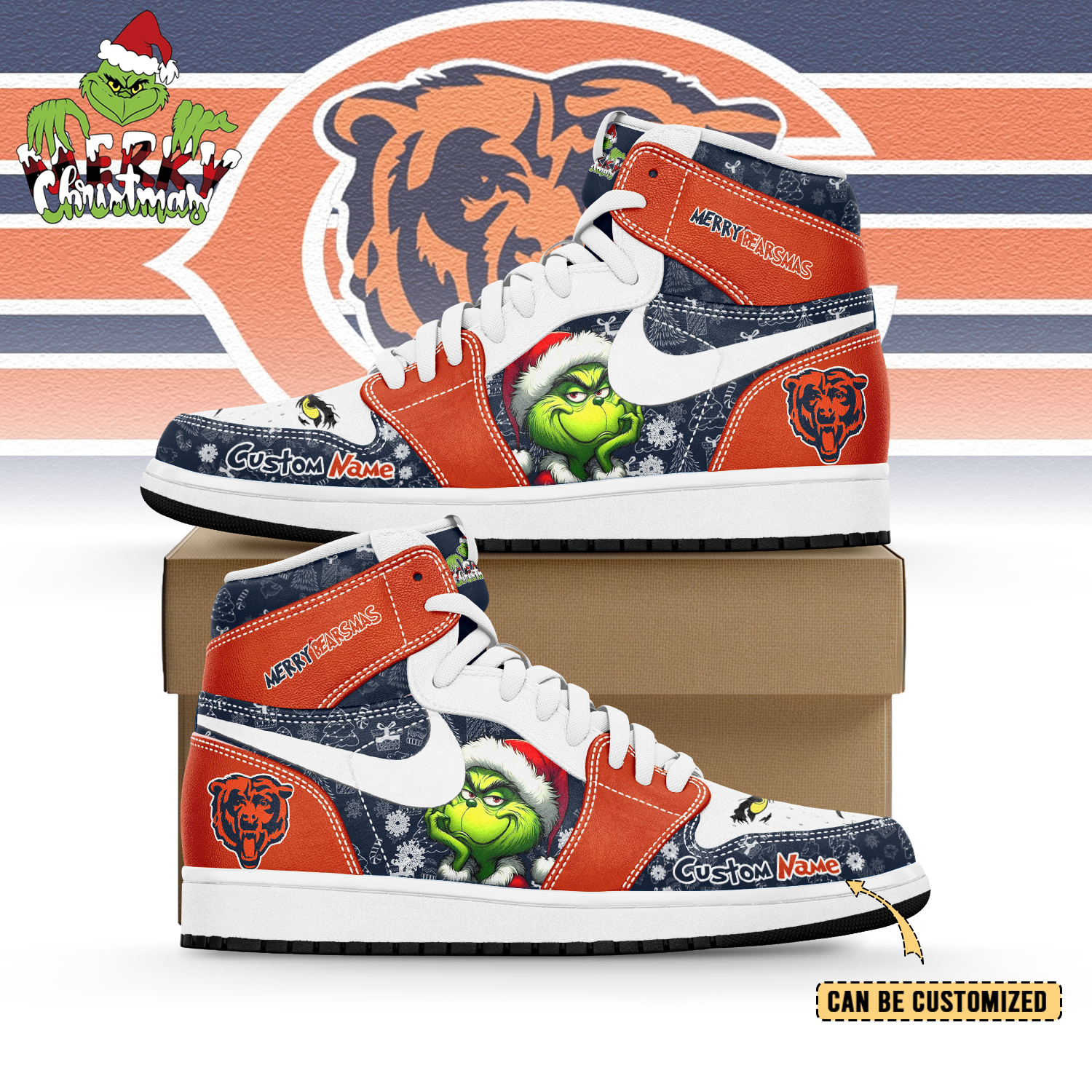 JWFany Chicago Bears x The Grinch x Christmas AJ1 High Sneakers Shoes For Men And Women