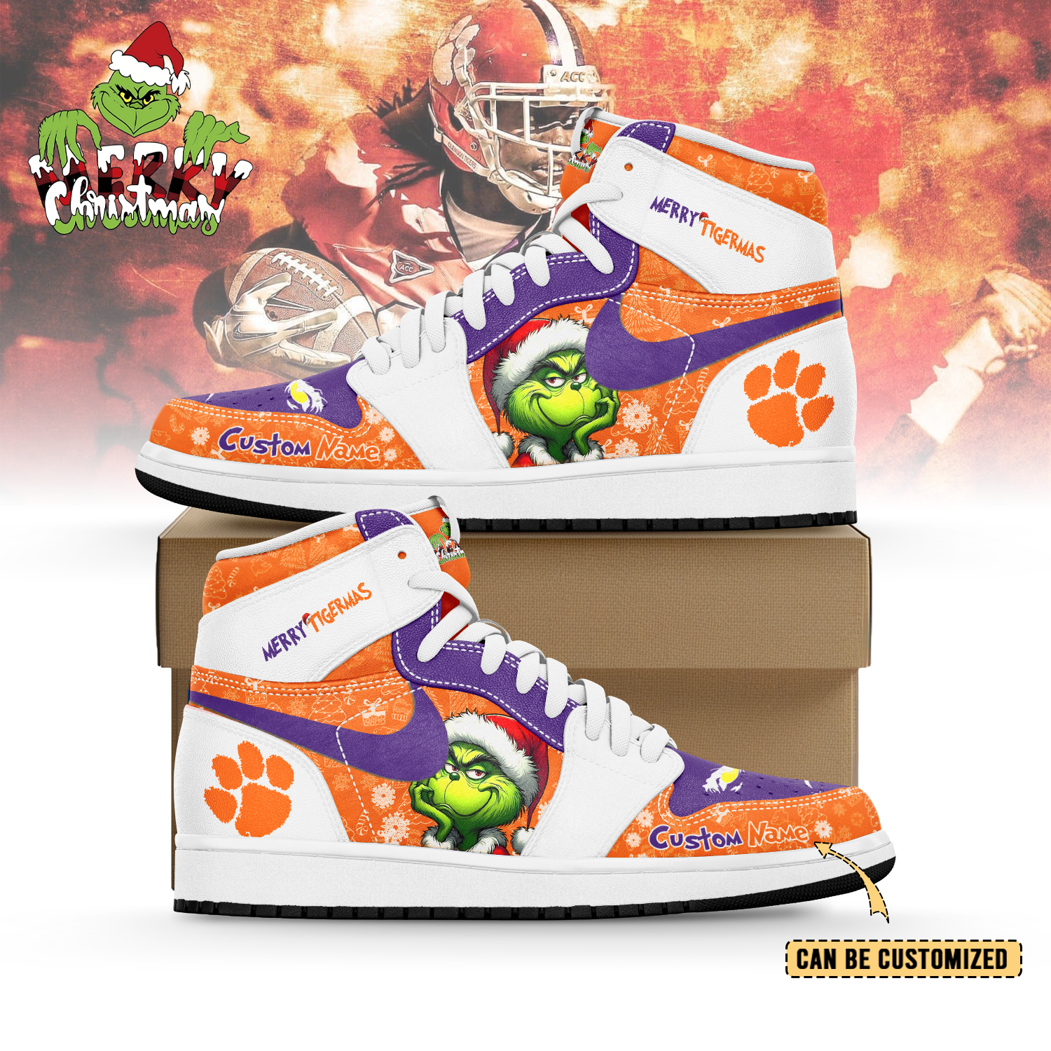 JWFany Clemson Tigers x The Grinch x Christmas AJ1 High Sneakers Shoes For Men And Women