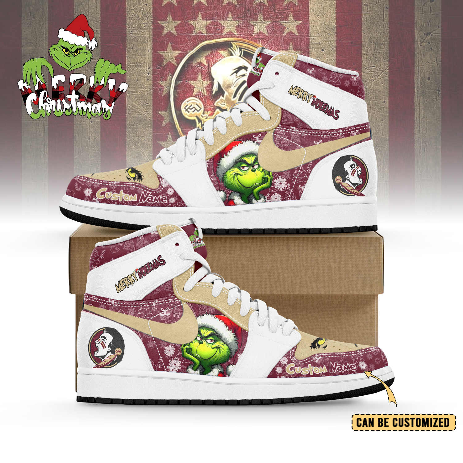 JWFany Florida State Seminoles x The Grinch x Christmas AJ1 High Sneakers Shoes For Men And Women