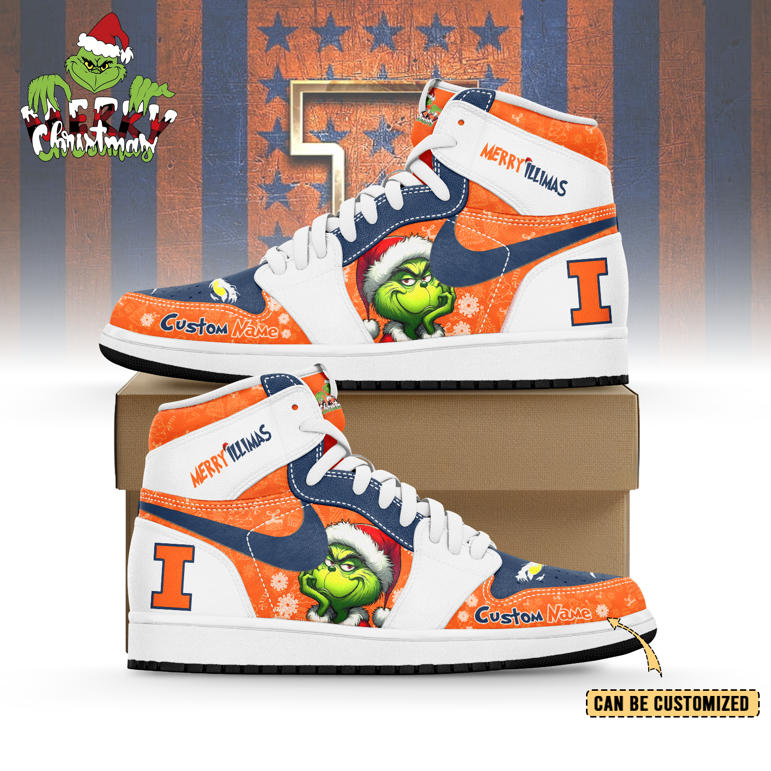 JWFany Illinois Fighting Illini x The Grinch x Christmas  AJ1 High Sneakers Shoes For Men And Women