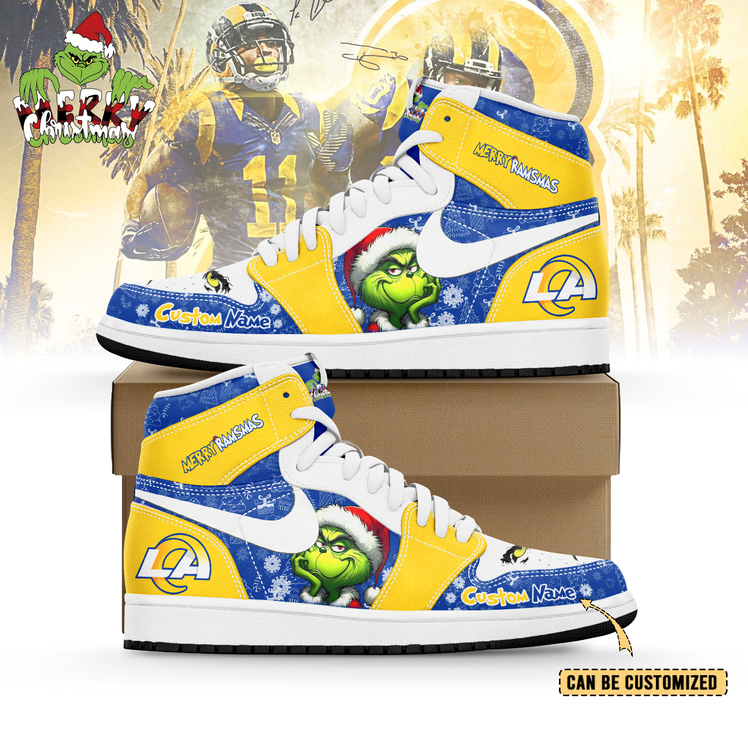 JWFany Los Angeles Rams x The Grinch x Christmas AJ1 High Sneakers Shoes For Men And Women