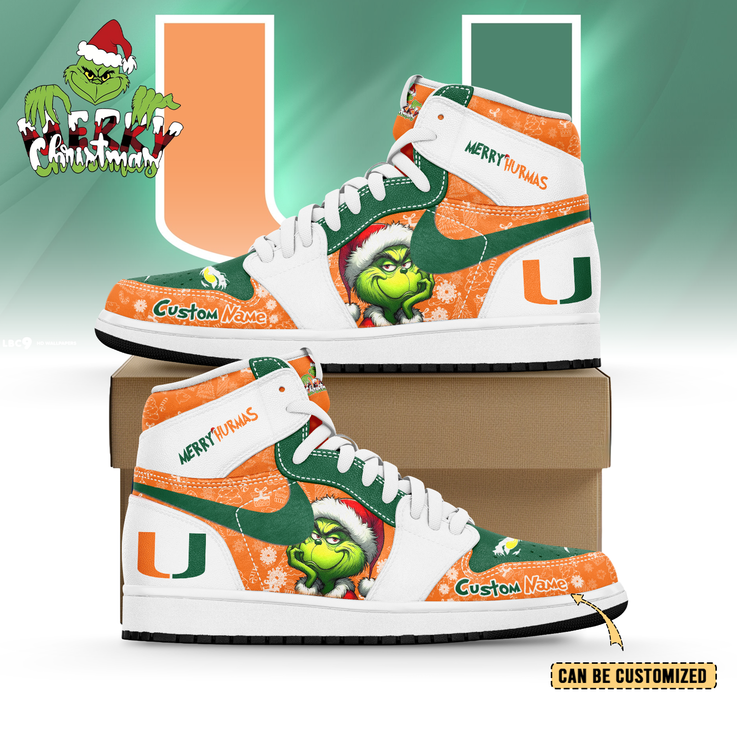 JWFany Miami Hurricane x The Grinch x Christmas  AJ1 High Sneakers Shoes For Men And Women