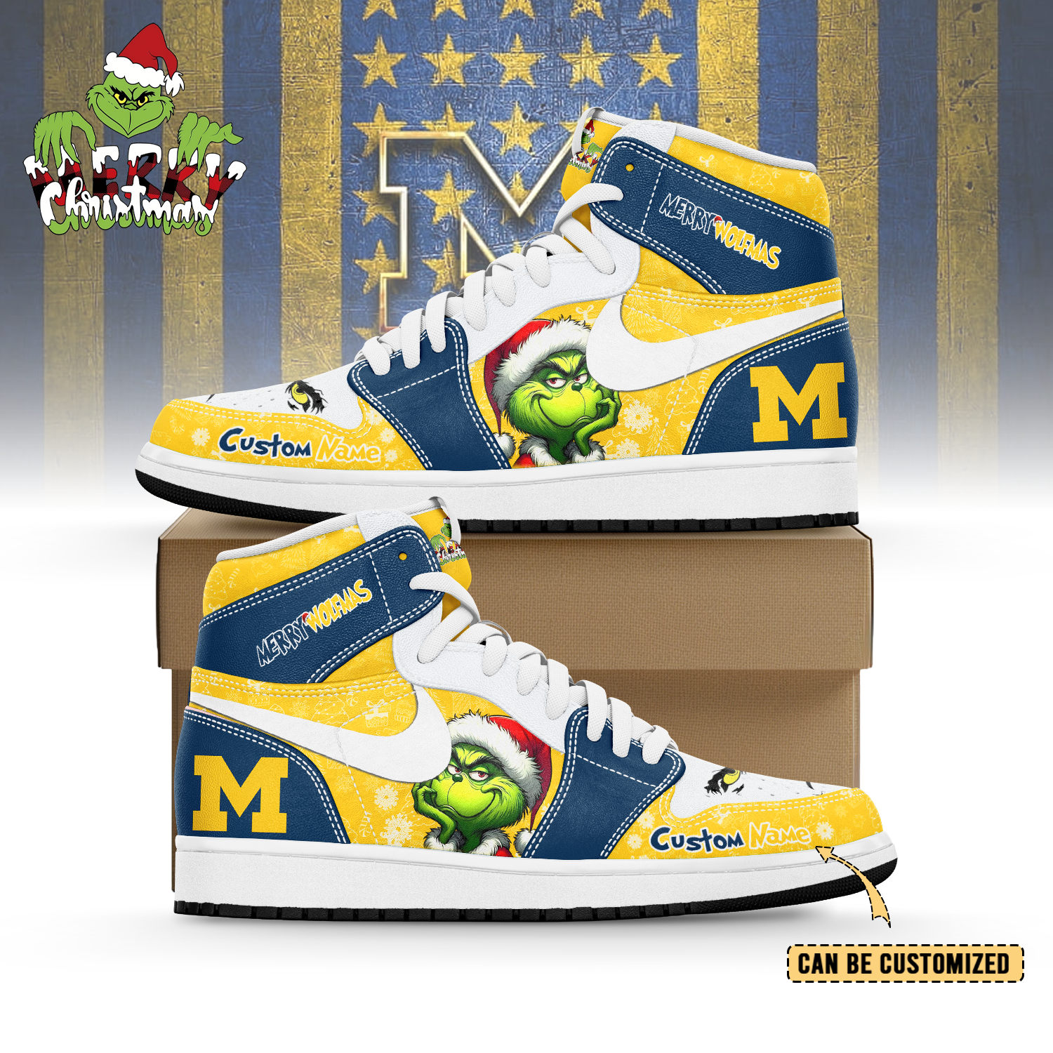 JWFany Michigan Wolverines x The Grinch x Christmas AJ1 High Sneakers Shoes For Men And Women
