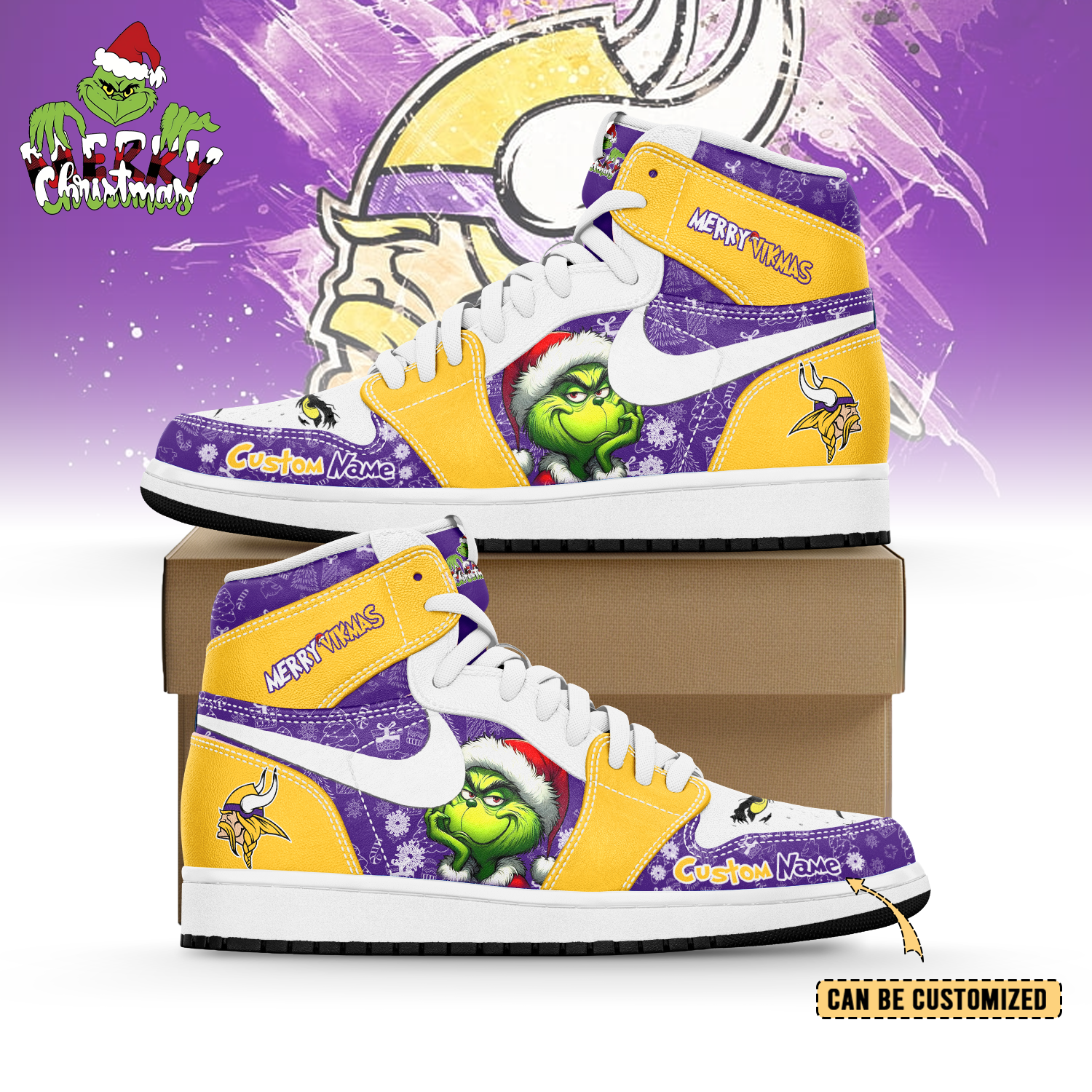 JWFany Minnesota Vikings x The Grinch x Christmas AJ1 High Sneakers Shoes For Men And Women