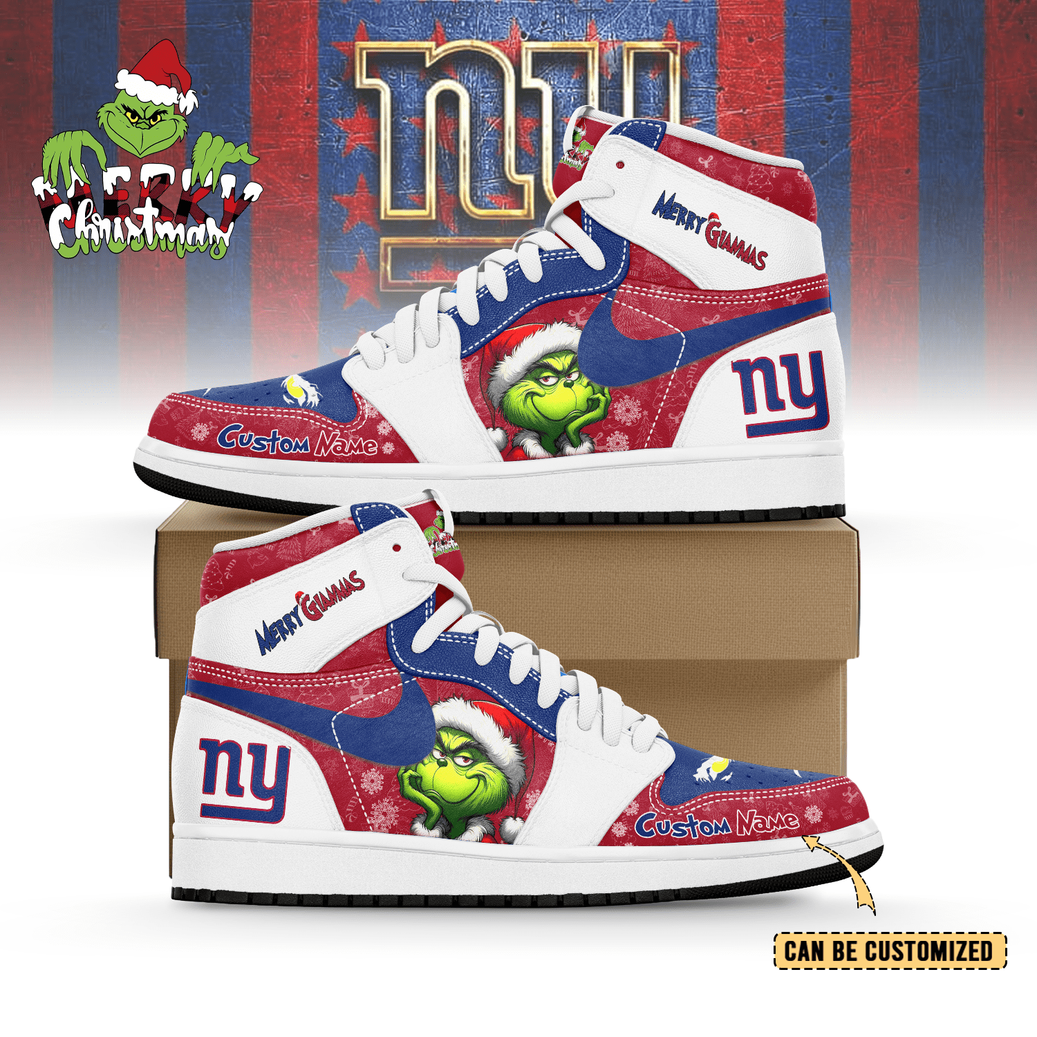 JWFany New York Giants x The Grinch x Christmas AJ1 High Sneakers Shoes For Men And Women