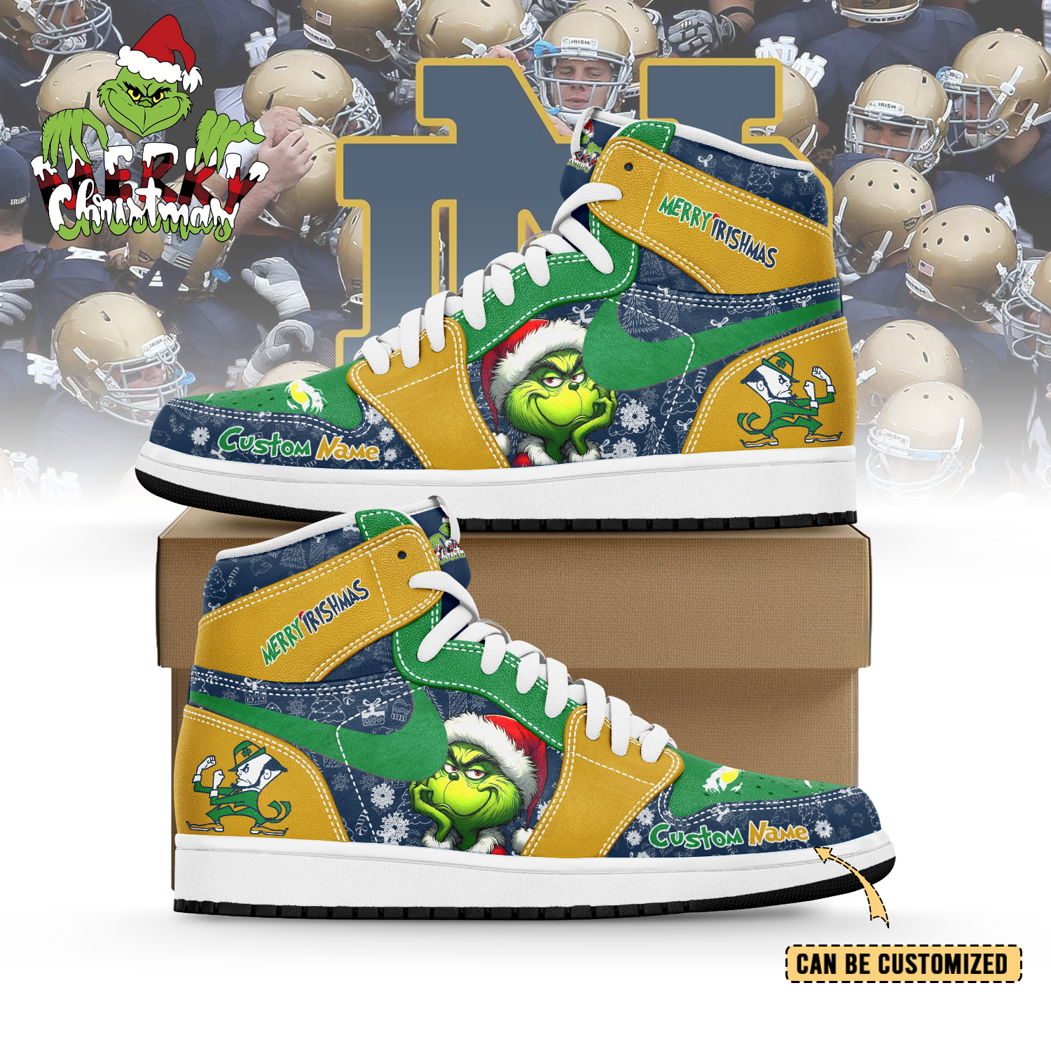 JWFany Notre Dame Fighting Irish x The Grinch x Christmas  AJ1 High Sneakers Shoes For Men And Women
