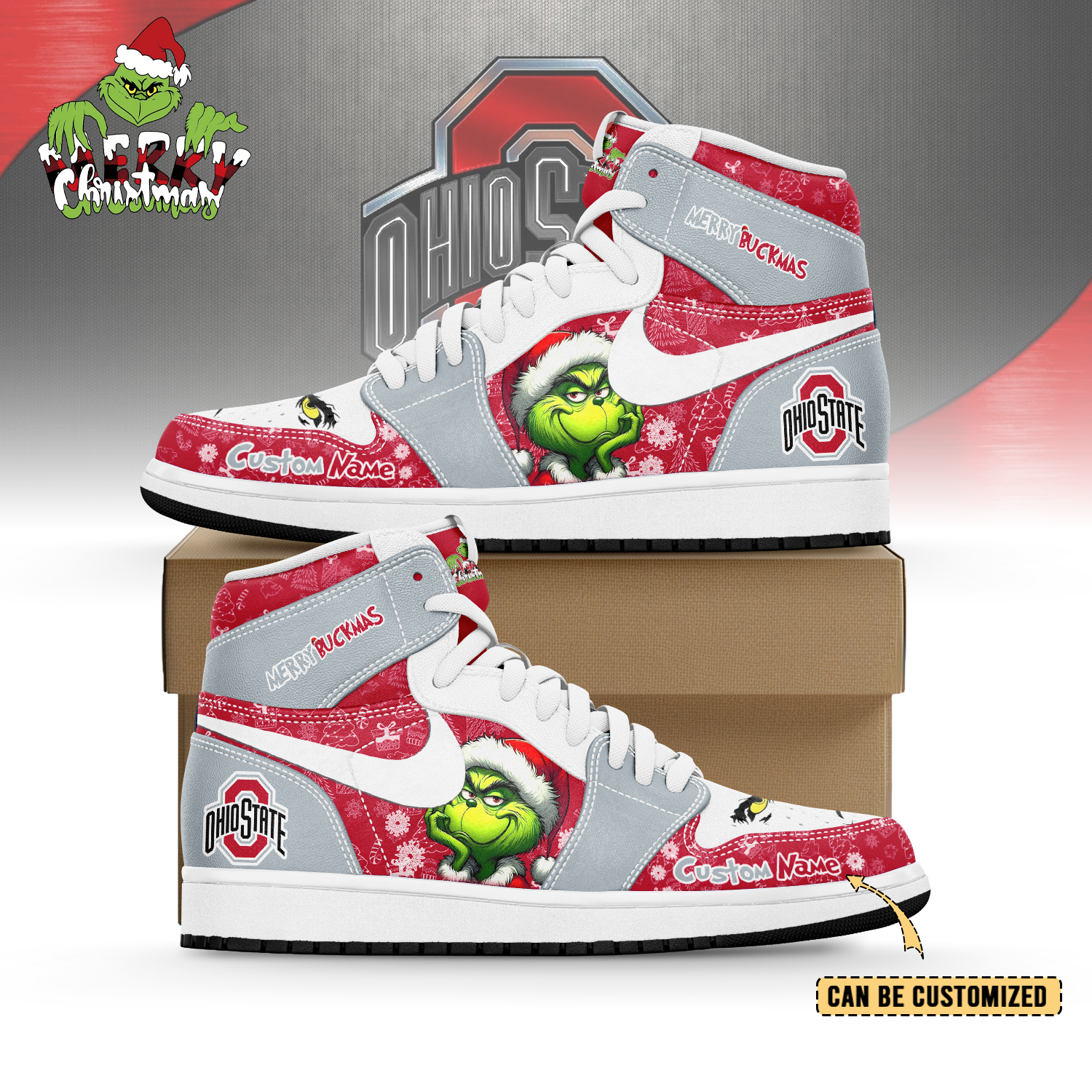 JWFany Ohio State Buckeyes x The Grinch x Christmas  AJ1 High Sneakers Shoes For Men And Women