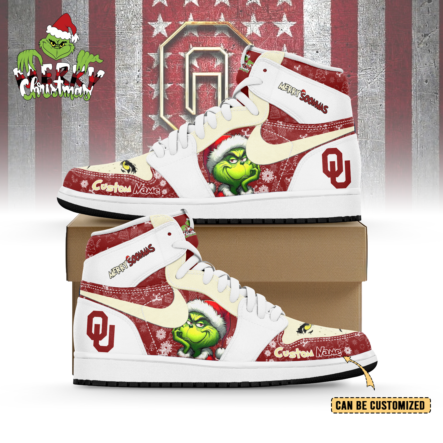 JWFany Oklahoma Sooners x  The Grinch x Christmas AJ1 High Sneakers Shoes For Men And Women