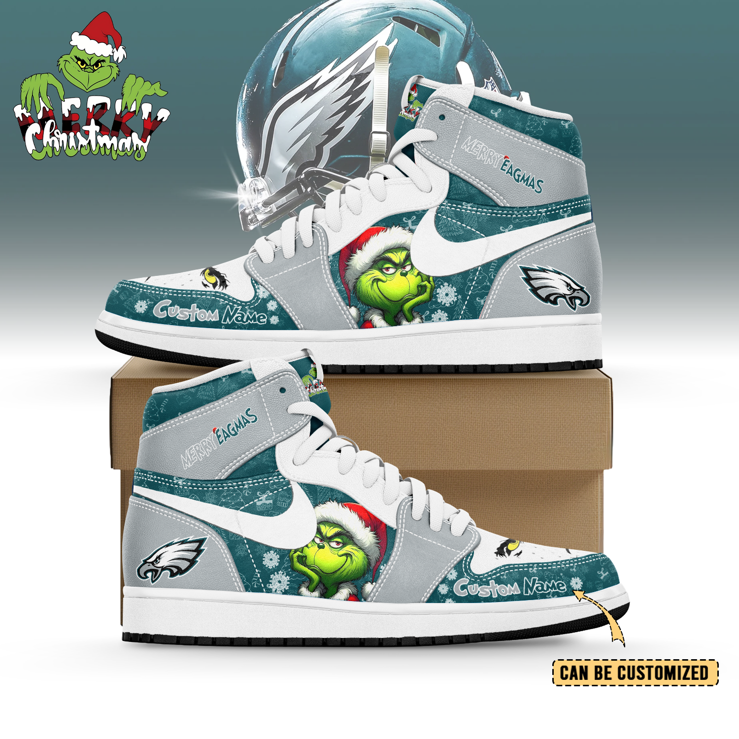 JWFany Philadelphia Eagles x The Grinch x Christmas AJ1 High Sneakers Shoes For Men And Women