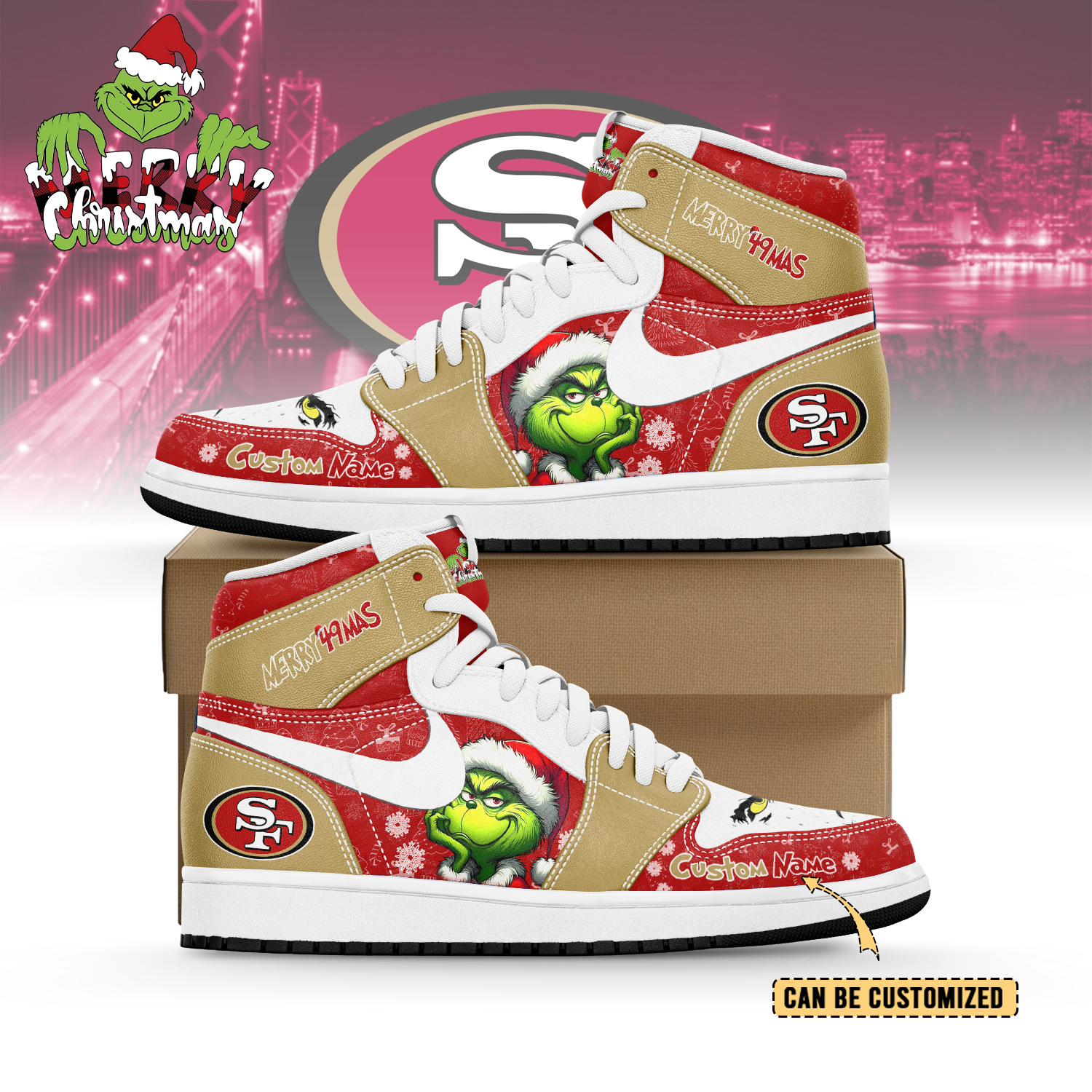 JWFany San Francisco 49ers x The Grinch x Christmas AJ1 High Sneakers Shoes For Men And Women