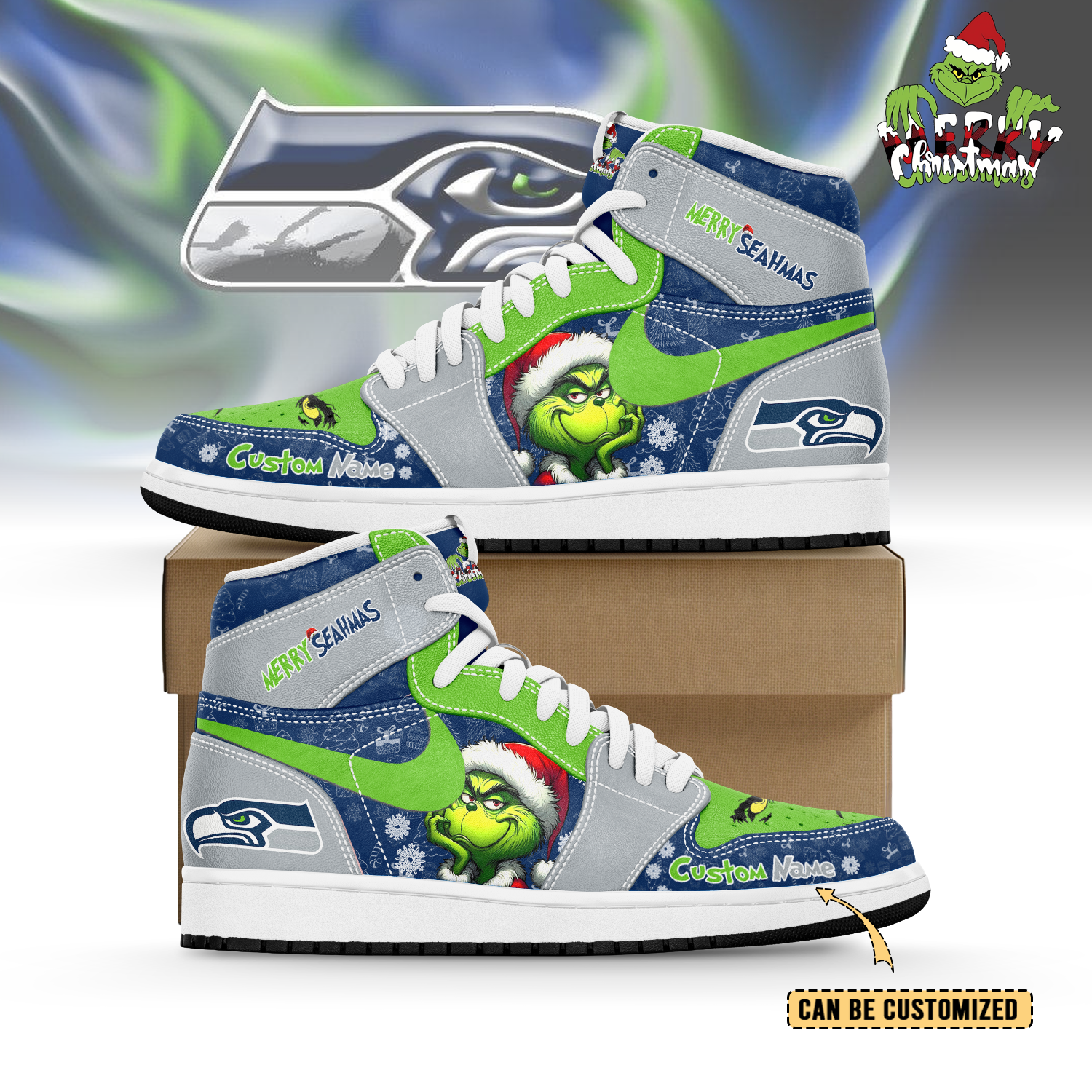 JWFany Seattle Seahawks x The Grinch x Christmas AJ1 High Sneakers Shoes For Men And Women