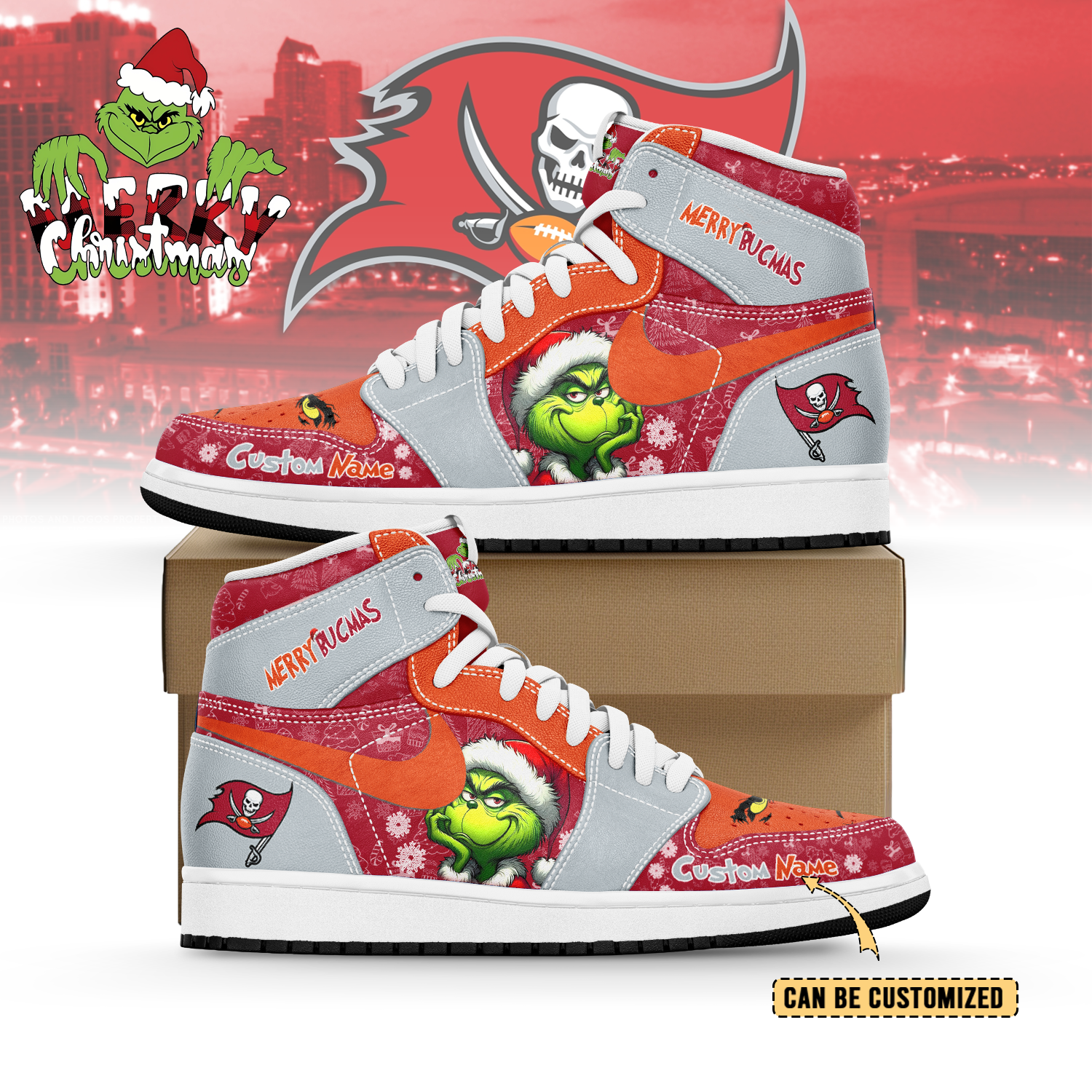 JWFany Tampa Bay Buccaneers x  The Grinch x Christmas AJ1 High Sneakers Shoes For Men And Women