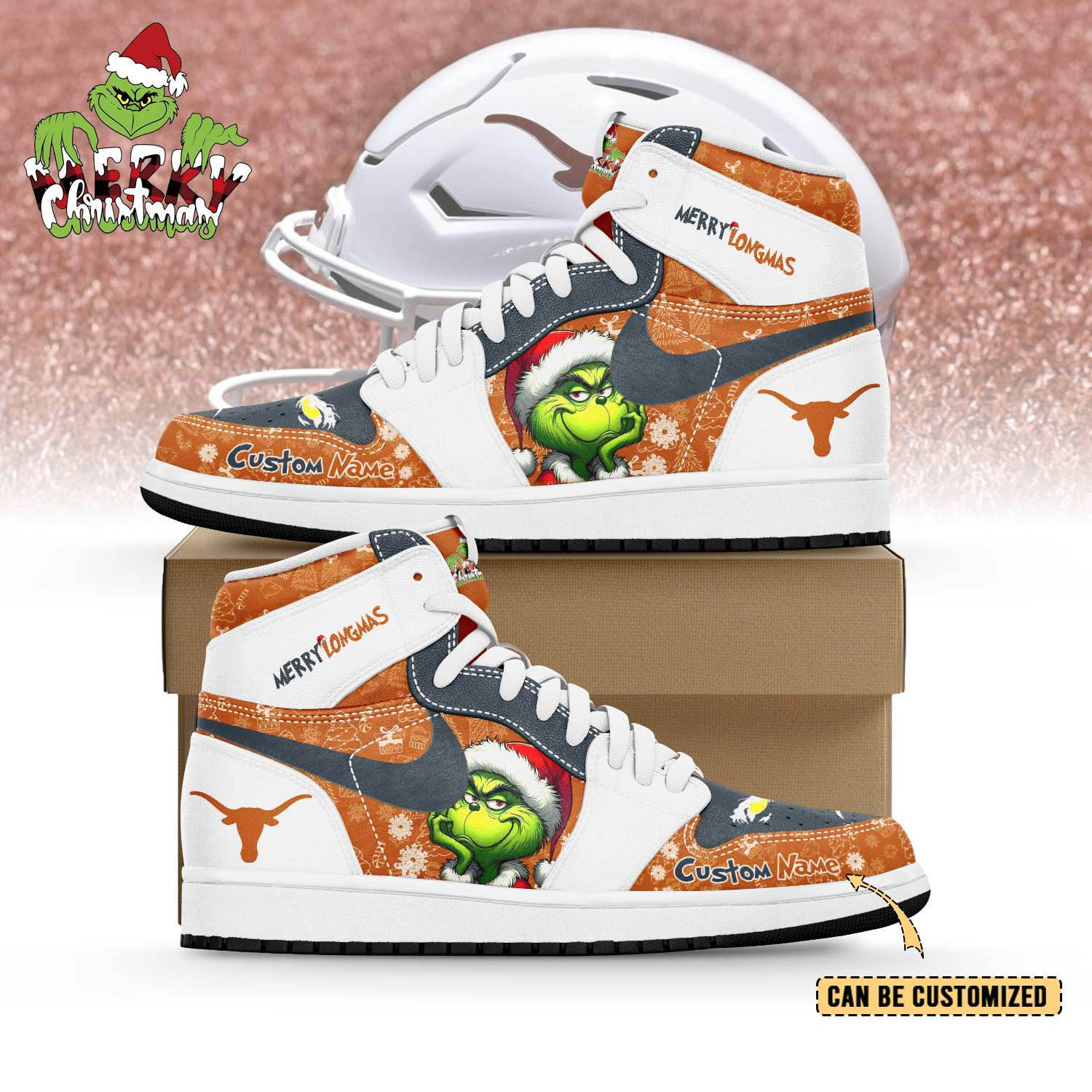 JWFany  Texas Longhorns x The Grinch x Christmas AJ1 High Sneakers Shoes For Men And Women