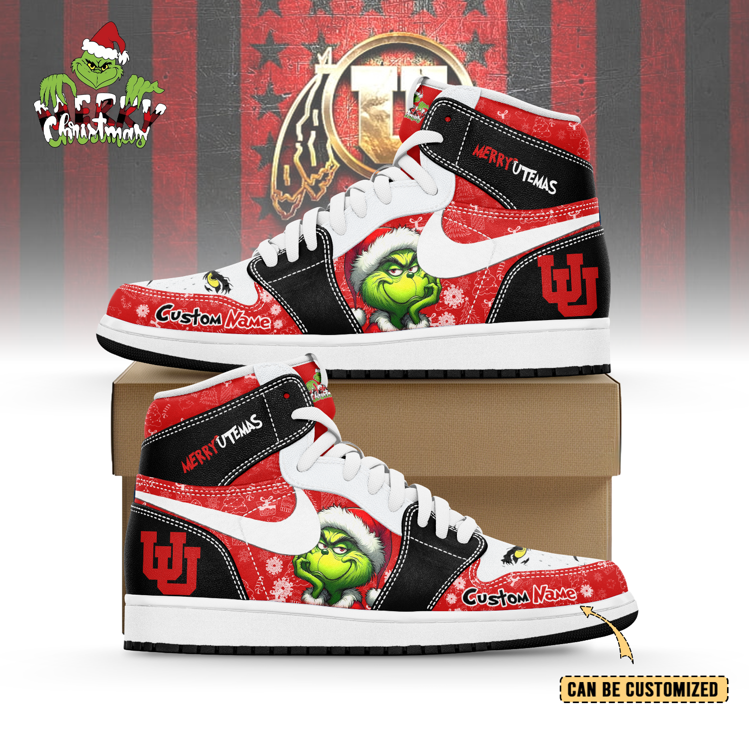 JWFany Utah Utes x The Grinch x Christmas  AJ1 High Sneakers Shoes For Men And Women