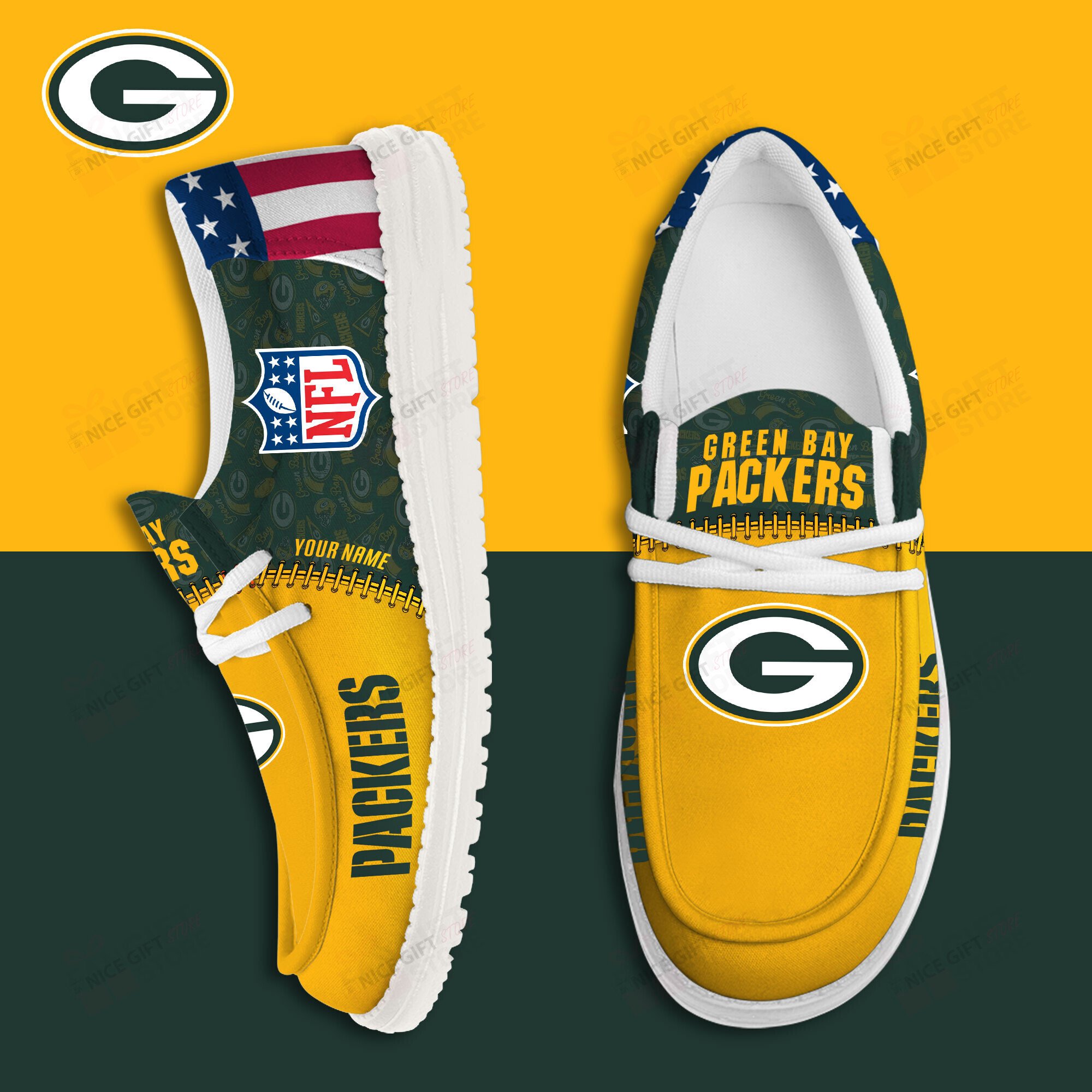 JWFancy Green Bay Packers Hey Dude Shoes Wally Men’s Lace Up Loafers Comfortable For Men And Women